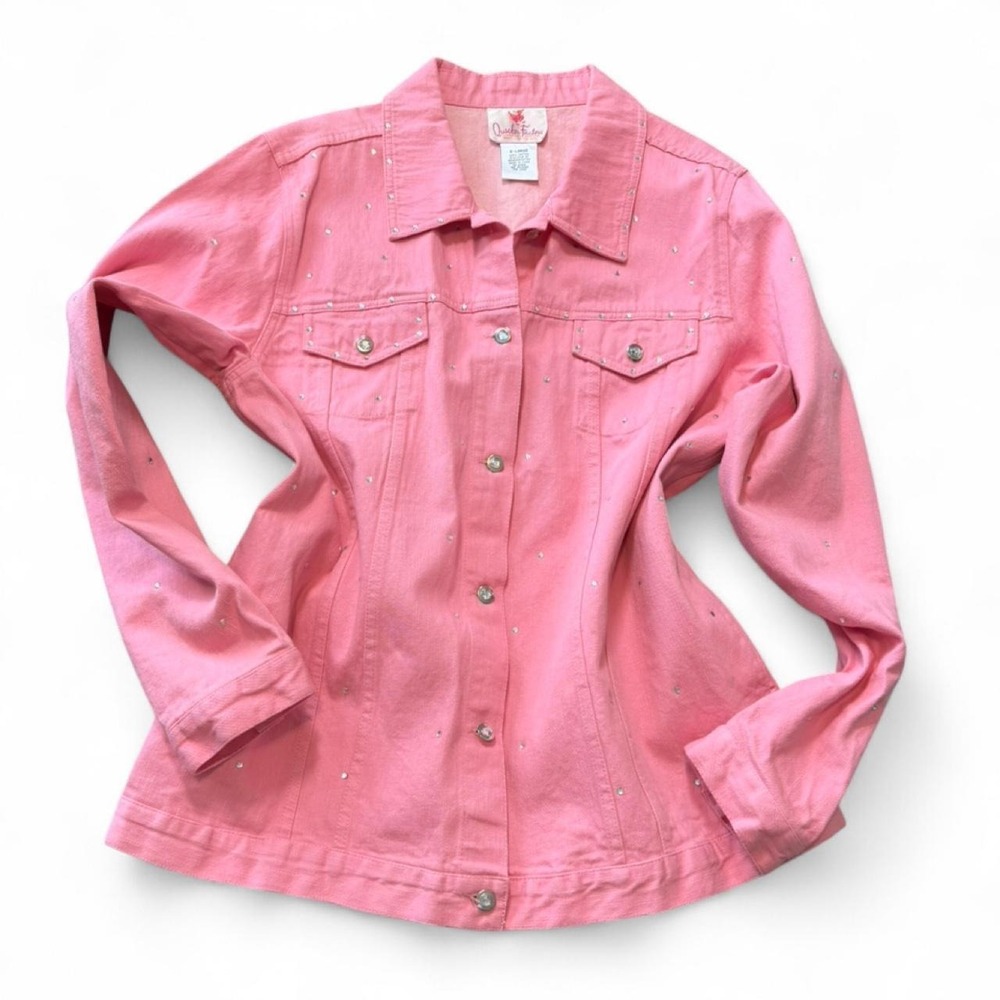 Vintage 90s Quacker Factory Pink‎ Rhinestone Denim Jacket, Women's Size XL